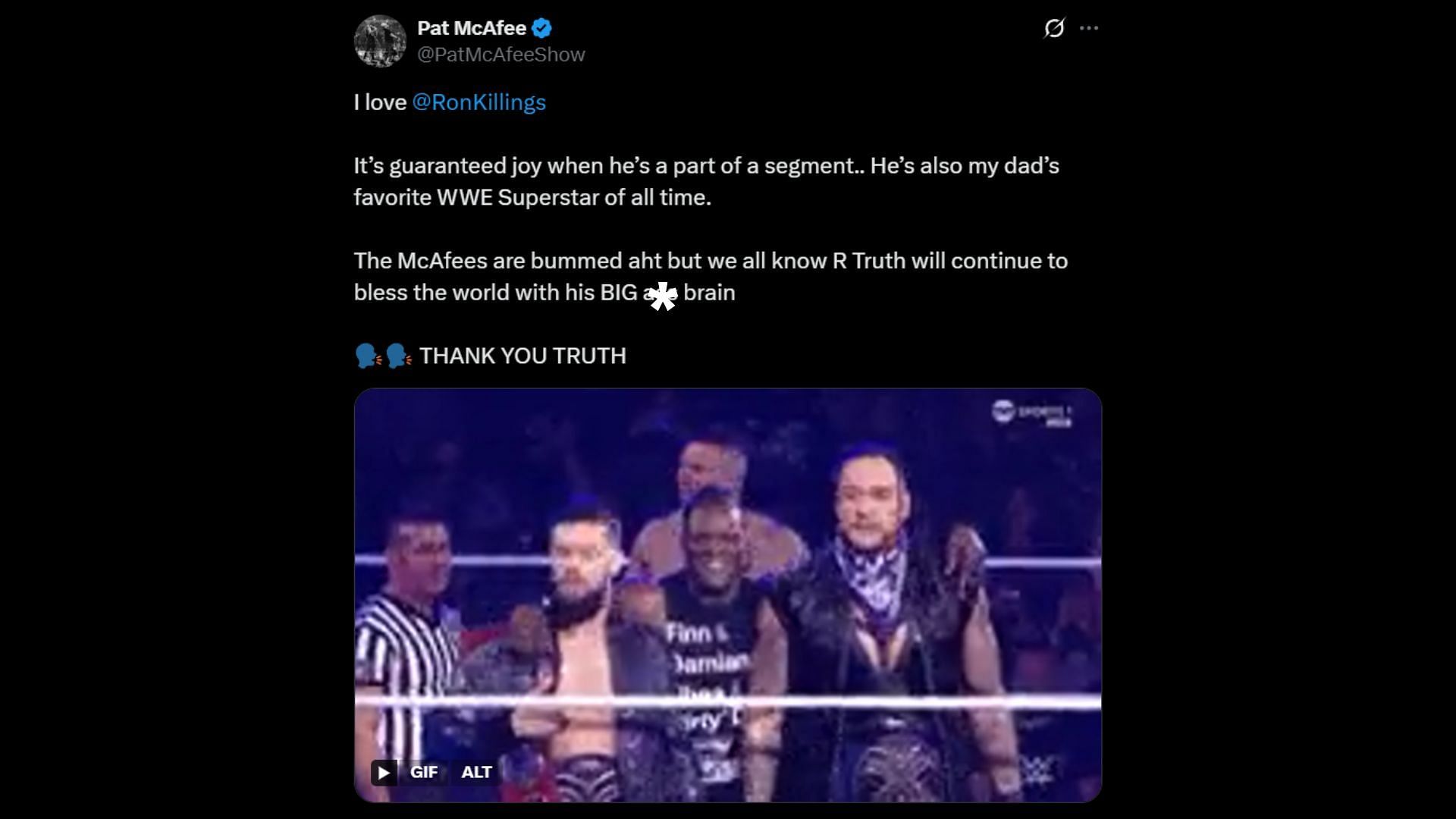 Screenshot of Pat McAfee's X post about R-Truth